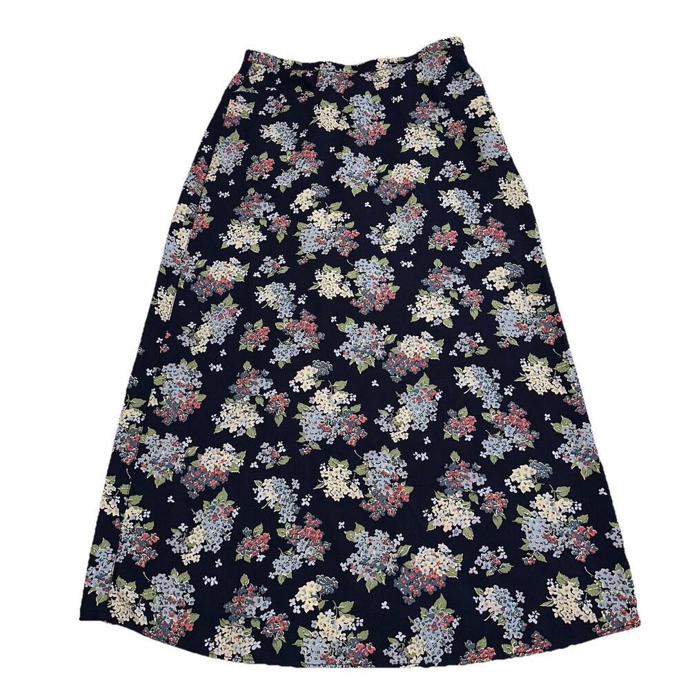 Vtg Liz Claiborne Lizwear Navy Blue Floral Maxi Skirt With Pockets Size 12 Rayon
